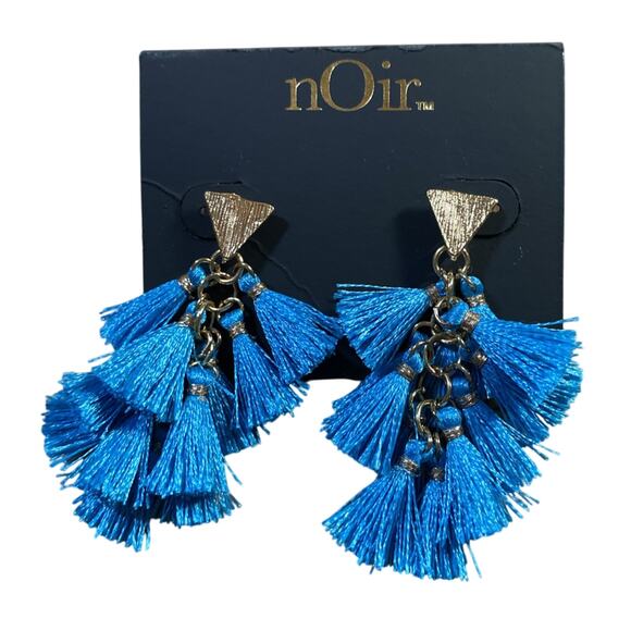 NOIR Goldtone Moroccan Filigree Turquoise Blue Tassel Dangle Drop Earrings NEW - Picture 1 of 3